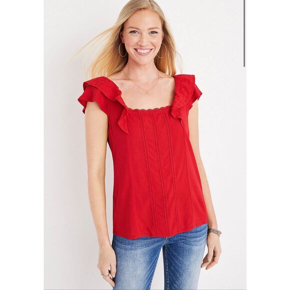 Maurice’s Red Solid Eyelet Trim Flutter Sleeve Top XS NWOT - Picture 6 of 6